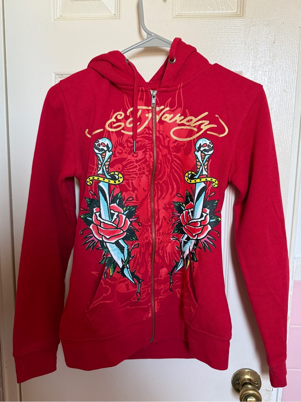 Ed Hardy Red Zip-Up Hoodie Jacket with Dagger & Rose Graphics